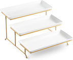 LYEOBOH 3 Tier Serving Stand and Platters Set Large Tiered Serving Platters with Collapsible Sturdier Rack 14 Inches Tiered Serving Tray for Appetizer Fruit, Dessert and Cupcake, White
