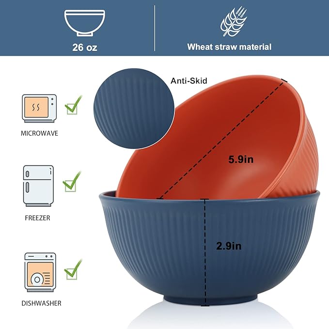 Wrova Wheat Straw Bowl Sets,8 PCS Unbreakable Cereal Bowl 26 OZ,Microwave and Dishwasher Safe Bowls,Alternative Plastic Bowls for Apartment,Dorm,Camping,RV,Party, Spring Series