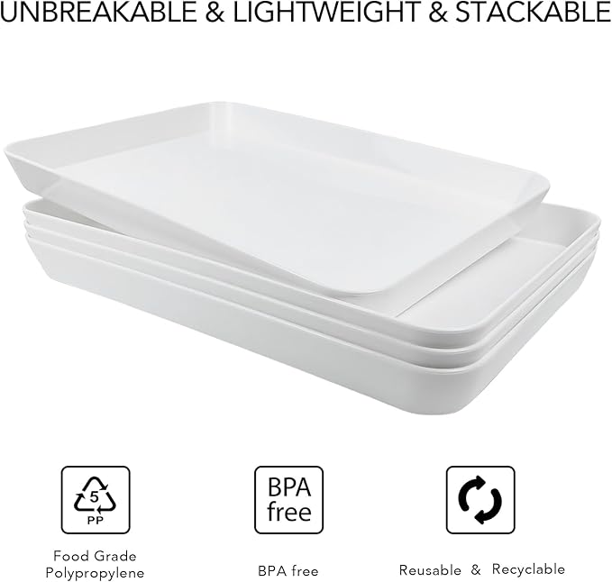 greenandlife 4 Pcs 16" x 11" Large Serving Trays for Party Supplies, Plastic Platters for Serving Food, Unbreakable Reusable Trays for Snack, Fruit, Cookies, Desserts in Kitchen, BPA Free, White