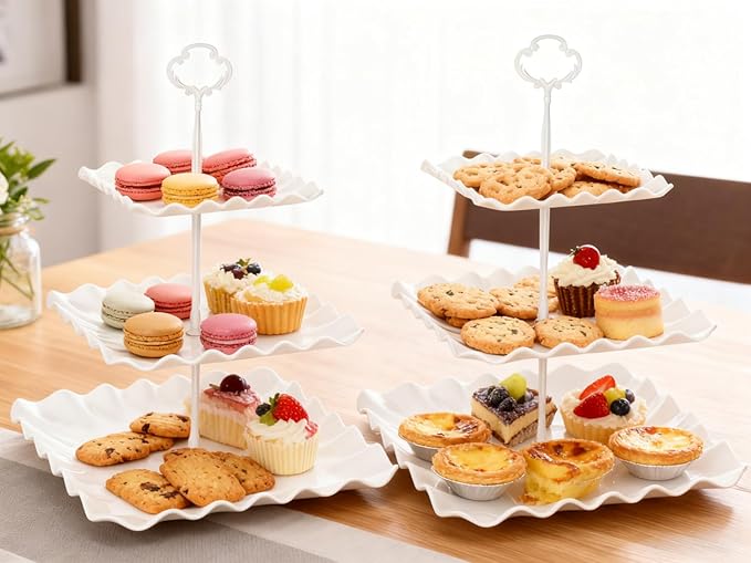 2 Pack of Plastic Square Dessert Cupcake Stand, 3 Tier Cup Cake Holder Tower for Tea Party/Birthday/Wedding, Plastic Tiered Serving Tray (White)