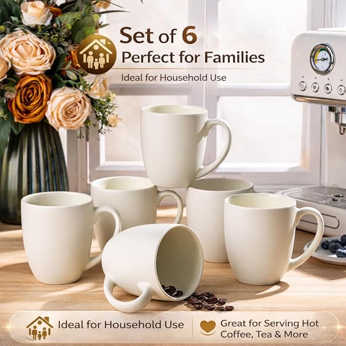 GBhome 16oz Coffee Mugs Set of 6, Large Ceramic Coffee Mugs for Man, Woman, Dad, Mom, Modern Coffee Mugs Set with handle for Tea/Latte/Cappuccino/Milk/Cocoa. Dishwasher&Microwave Safe,ivory