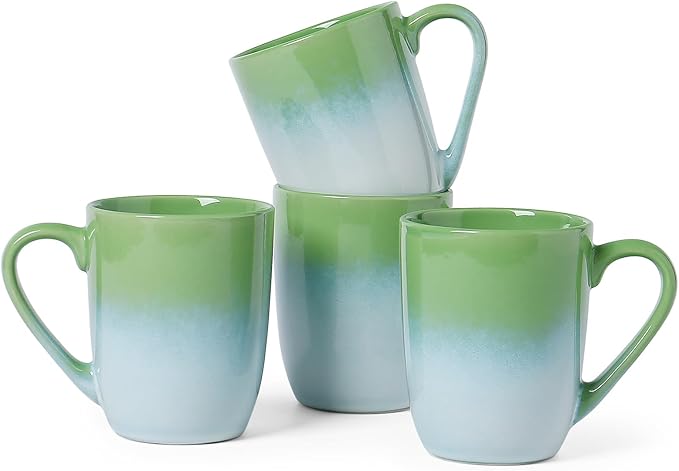 MONITO 14 OZ Coffee Mugs Set of 4, Large Ceramic Blue Coffee Mugs Set with handle for Tea/Latte/Milk/Cocoa, Funny Tea Cups for Office and Home, Engagement Gifts. (White-green)