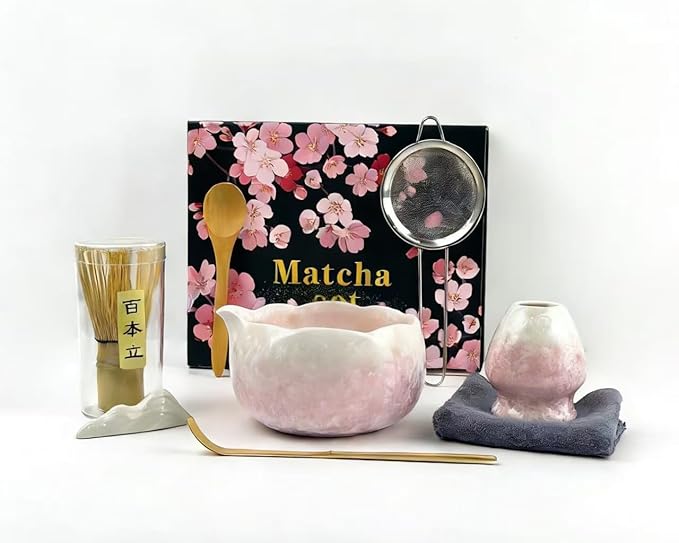 Matcha Whisk Set, Ceramic Matcha Set, Matcha Bowl with Spout and Whisk,8 pcs Matcha Tea Kit for Matcha Lovers, Ideal Gift Christmas, Birthday (Pink)
