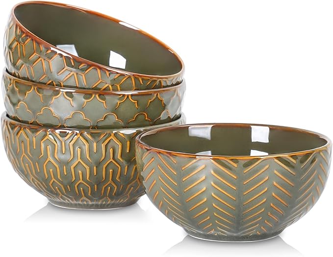 Sureasy 12oz Ceramic Ice Cream Bowls, 4.6 Inch Embossed Dessert Bowls, Small Bowls for Snack, Sauce, Fruits, Microwave and Dishwasher Safe, Set of 4, Green