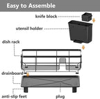 AIDERLY Iron Dish Drying Rack Auto Drain Dish Drainers Kitchen Counter Strainer with Draining Tray, All Black