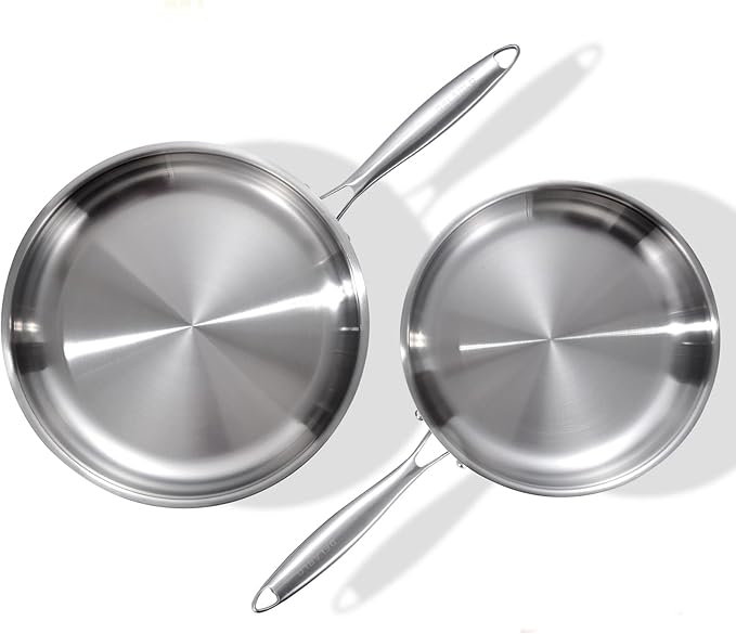 DELARLO Tri-Ply Stainless Steel Pan, 18/10 Frying Pan, Oven Safe Up to 600°F, Nontoxic Cookware, Compatible with All Cooktops Skillet, Durable, Fast Even Heat Fry Pan,10+12 inch Pan