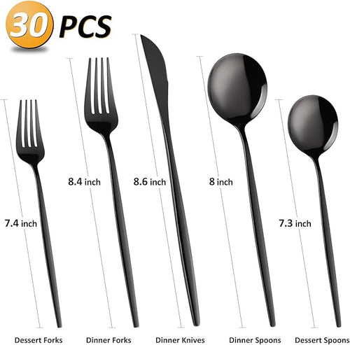 30-Pieces Utensil Set Flatware Set, Black Silverware Set for 6,Tableware Fine Dining Include Knives Forks and Spoons,Circular Fine Handle Cutlery Decorate Wedding Mirror Polished,Dishwasher
