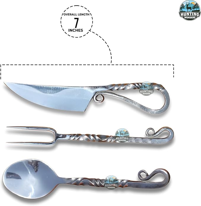 Customize Viking 3-Piece Medieval Cutlery Set, Hand Forged Feasting Set, Twisted Pattern Eating Utensils, Carbon Steel Flatware With Leather Pouch