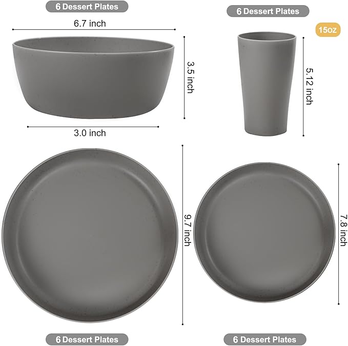 EI 24pcs Wheat Straw Dinnerware Set,Dark Grey Plates and Bowls Sets,Unbreakable Dinner Plates,Reuasble Plastic Plate,Microwave Dishwasher Safe for Camping,Picninc,Family Dinner