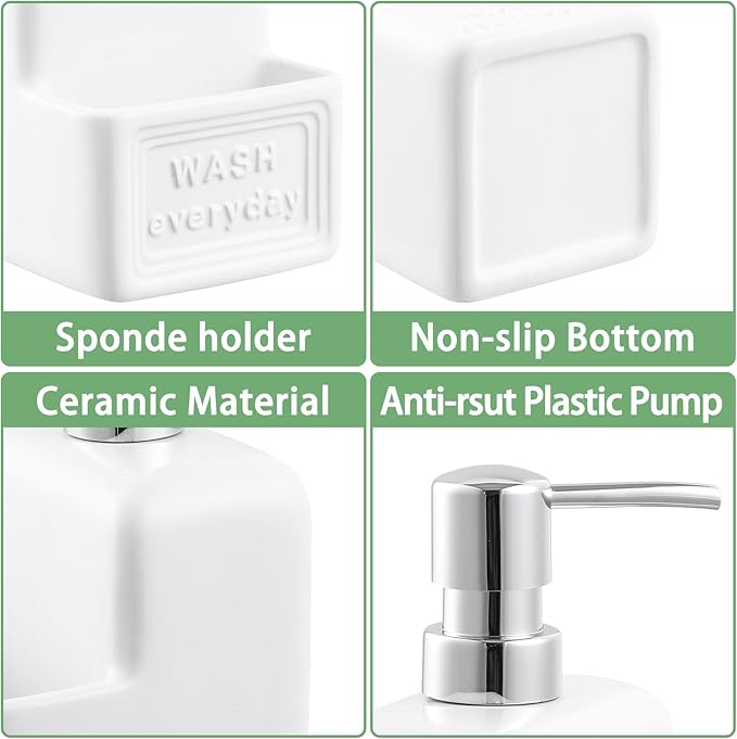 RQYIXI Soap Dispenser with Sponge Holder Ceramic Hand and Dish Soap Dispenser 15oz for Kitchen Bathroom