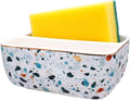 2 Compartments Ceramic Sponge Holder for Kitchen Sink, Cute Floral Countertop Dish Sponges Holder Soap Sink Organizer Farmhouse Caddy (Blue Terrazzo)