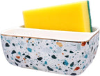 2 Compartments Ceramic Sponge Holder for Kitchen Sink, Cute Floral Countertop Dish Sponges Holder Soap Sink Organizer Farmhouse Caddy (Blue Terrazzo)