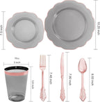 BUCLA 30Guests Clear Black Plastic Plates With Rose Gold Silverware & Cups - Rose Gold Rim Plastic Dinnerware Ideal for Party & Mother's Day