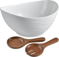 KITEISCAT Extra Large Elegant Ceramic Oval Salad Bowl Set with Premium Acacia Wood Salad Serving Utensils - Large Capacity, Stylish and Practical, Kitchen Must-Have