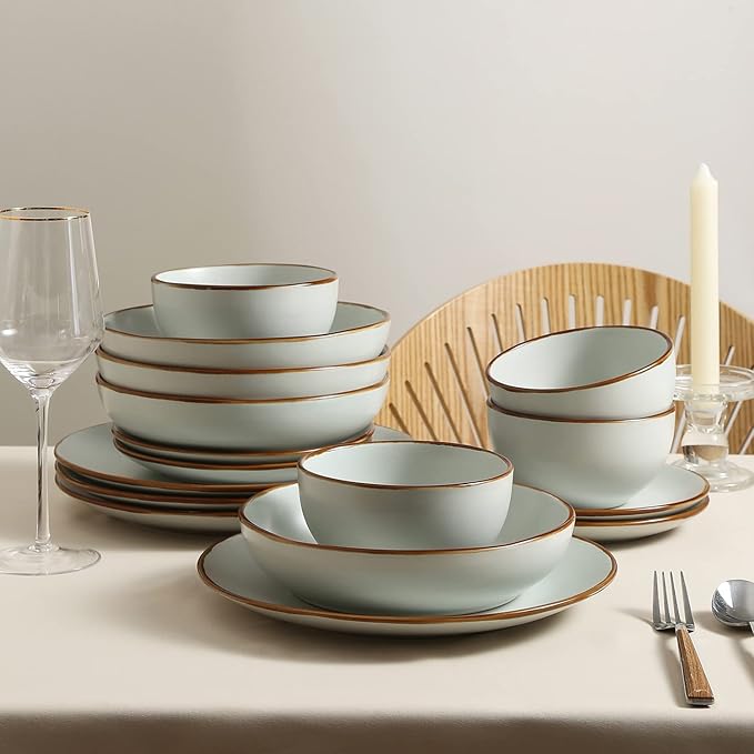 Stone Lain Brasa Stoneware 16 Piece Modern Dinnerware Set, Plates and Bowls, Service for 4, Light Green, Microwave & Dishwasher Safe