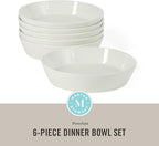 Martha Stewart Selma Pasta Bowls Set of 6, 43oz White Porcelain Soup Bowls & Salad Bowl, Wide and Shallow, Chip Resistant, Dishwasher & Microwave Safe