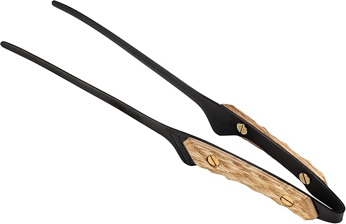 Thous Winds Tweezer Tongs for Cooking with Oak Handle, 9 Inch Stainless Steel Fine Kitchen Tongs for Camping BBQ, Grilling, Black