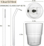 AUFXKOO13oz Glass Tumbler with Straw and Lid，2 Pack Iced Coffee Cups with lids Reusable,Glass to go Coffee Cup,Glass Cups with Lids for Drinking Matcha, Coffee, and Juice.