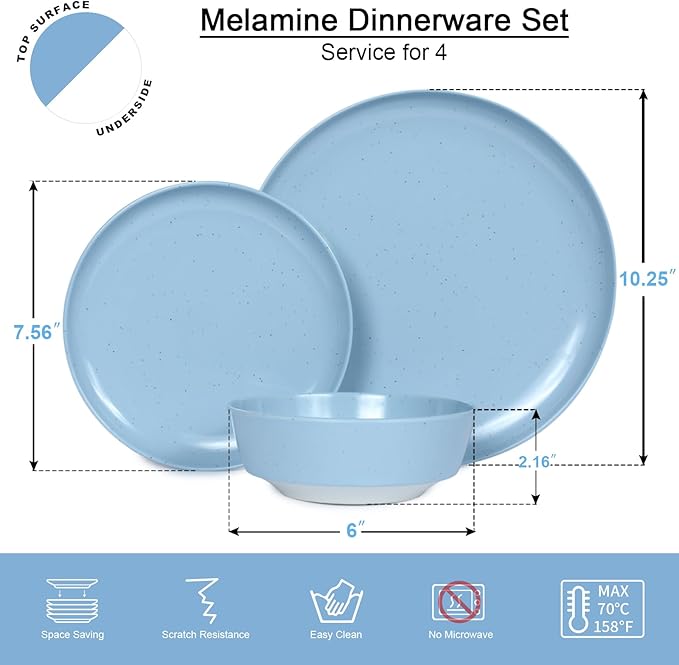 Webbylee 12-Piece Melamine Dinnerware Set for 4 – Unbreakable Plates & Bowls, Lightweight, Two-Tone Blue & Beige, Ideal for Family Meals, Camping, Picnic, Parties