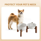 Havniva Ceramic 0.9 Cup Raised Slow Feeder Dog Bowl Set, Elevated 6.1inch Water Bowl and 6.1inch Slow Dish with Acacia Wood Stand for Small Dogs (2 x Reactived Glaze -White+ Stand)