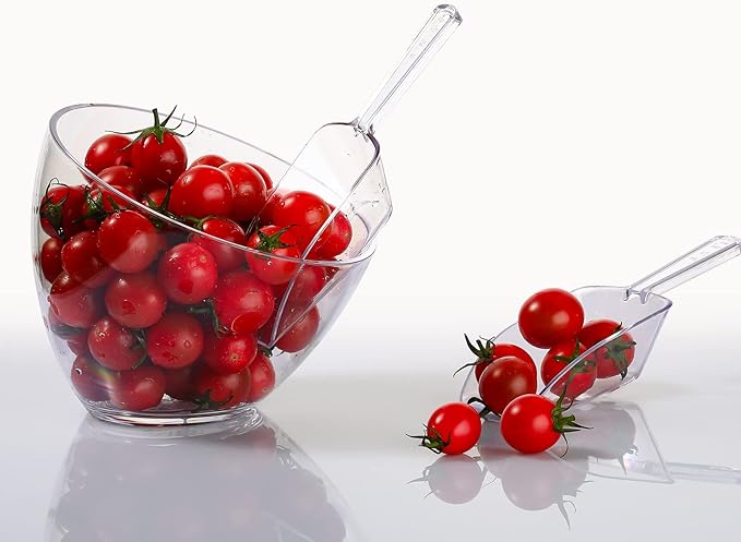 Hoolerry 12 Pcs Serving Bowls Kit Include Clear Plastic Bowls for Parties and Popcorn Measuring Scoops Acrylic Plastic Kitchen Angled Candy Scoops for Office Canister Salad Cooking (25 oz)