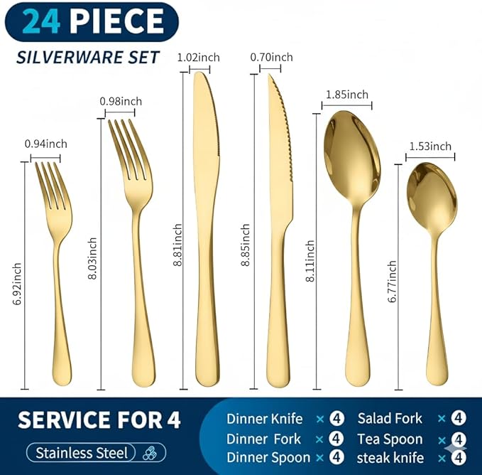 GPY Gold Silverware Set with Steak Knives, 24-Piece Stainless Steel Flatware Set Service for 4, Titanium Plated Gold Cutlery with Mirror Finish, Dishwasher Safe for Wedding, Party & Gift