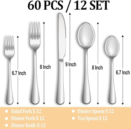 60 Piece Silverware Set Service for 12,Premium Stainless Steel Flatware Set,Mirror Polished Cutlery Utensil Sets,Durable Home Kitchen Eating Tableware Sets,Include Fork Knife Spoon,Dishwasher Safe