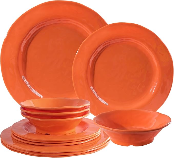 LEHAHA Orange Melamine Dinnerware Set, 12 Piece Kitchen Tableware Plates Bowls Dishes Set, Lightweight Unbreakable Dinnerware Set for 4, Dishwasher Safe and BPA free