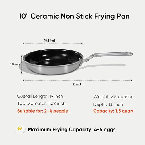 5 Ply Ceramic Non Stick Frying Pans - 10 Inch Stainless Clad Nonstick Skillet, Non Toxic, PTFE & PFOA FREE, Professional Cookware for Induction, All Stoves and Oven up to 650°F