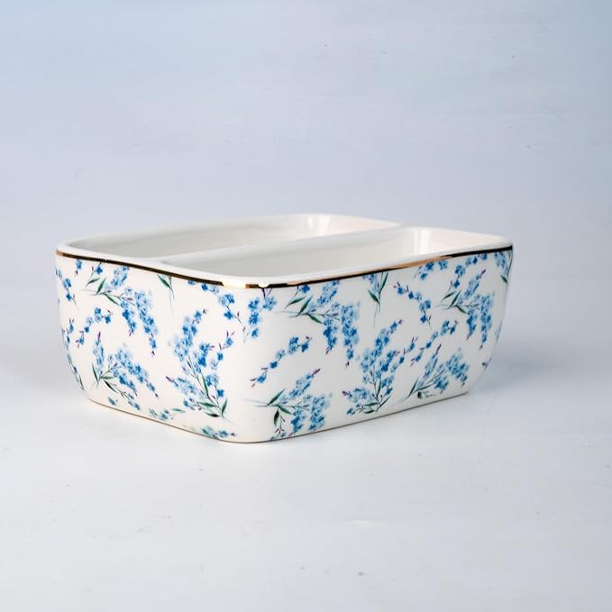 2 Compartments Ceramic Sponge Holder for Kitchen Sink, Cute Floral Countertop Dish Sponges Holder Soap Sink Organizer Farmhouse Caddy Blue Flowers
