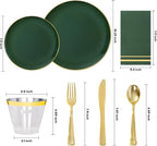 NOCCUR 350PCS Green Plastic Plates - Disposable Green Gold Dinnerware Set for 50 Guests, 100 Dinner/Dessert Plates, 150 Gold Silverware, 50 Cups&50 Napkins for Party ＆ Wedding ＆ Spring