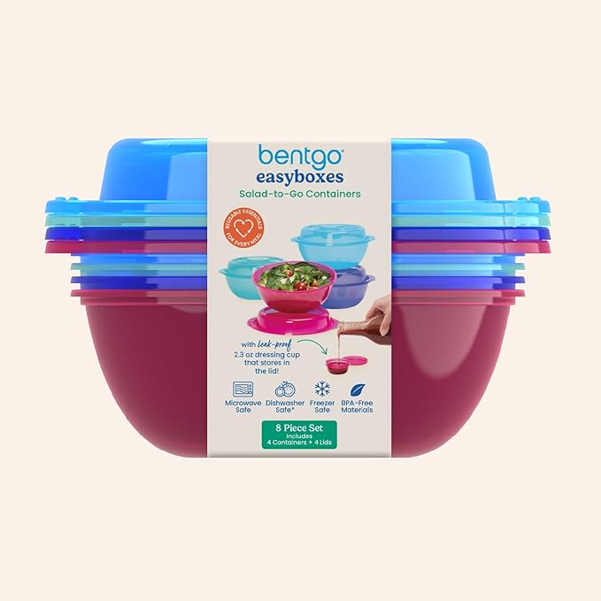 Bentgo Easyboxes Salad-to-Go Containers - 8-Piece Set: 4 Bowls, Leak-Proof Dressing Cups Built-In & 4 Fitted Lids Seal in Freshness; Reusable/BPA-Free for Salad, Pasta, & Cereal (Jewel Brights)