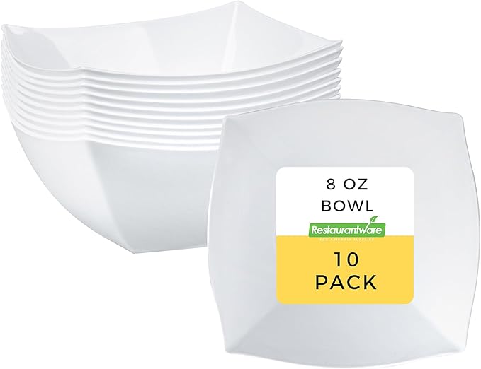 Restaurantware-Moderna 8 Ounce Fancy Plastic Bowls, 10 Square Disposable Salad Bowls - Durable, Heavy-duty, White Plastic Bowl, For Warm And Cold Foods