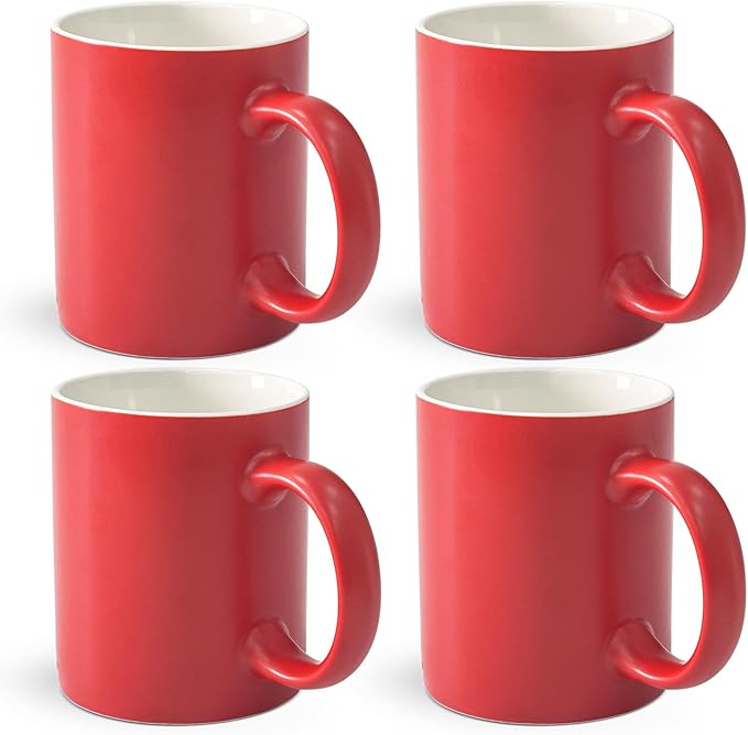 12 oz Cup Plain Gloss Red Ceramic Coffee Mug Set of 4 for Milk, Tea, Glazed Porcelain Cups with handle for Home Office, Dishwasher & Microwave Safe