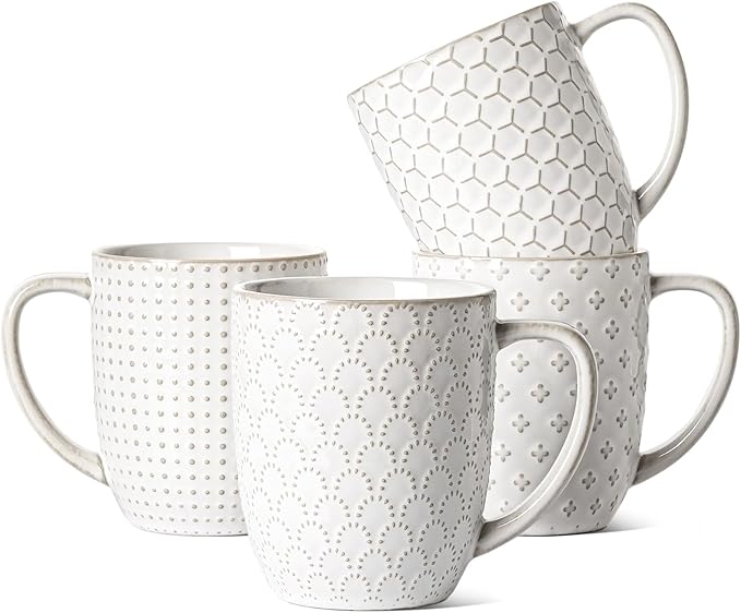 LE TAUCI Coffee Mugs 16 oz,Ceramic Mug Set, Embossment Cups for Latte, Hot Tea, Cappuccino, Mocha, Cocoa, Dishwasher Safe, Suit For Housewarming Wedding- 3.8 inch, Set of 4, Arctic White