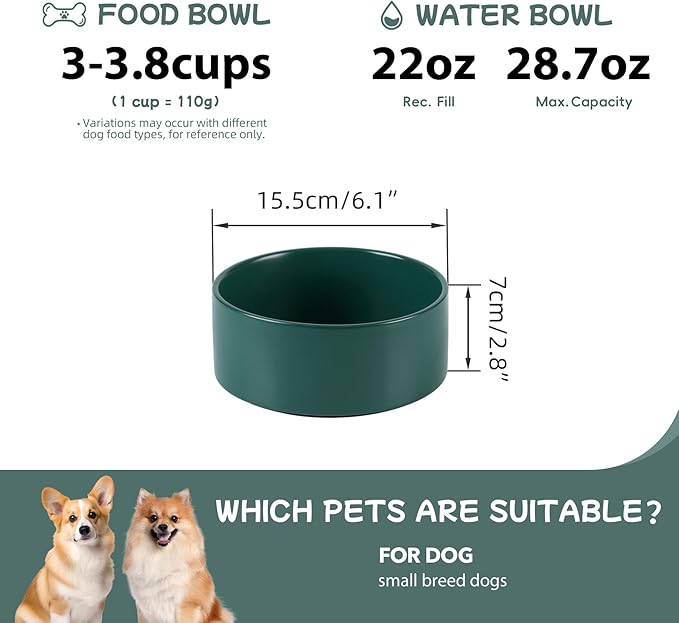 Havniva Ceramic 6.1inch Non-Slip Dog Food and Water Bowl for Small & Medium Breed Dogs,Pet Bowl for Replacement, Protects Cervical Spine (Green)