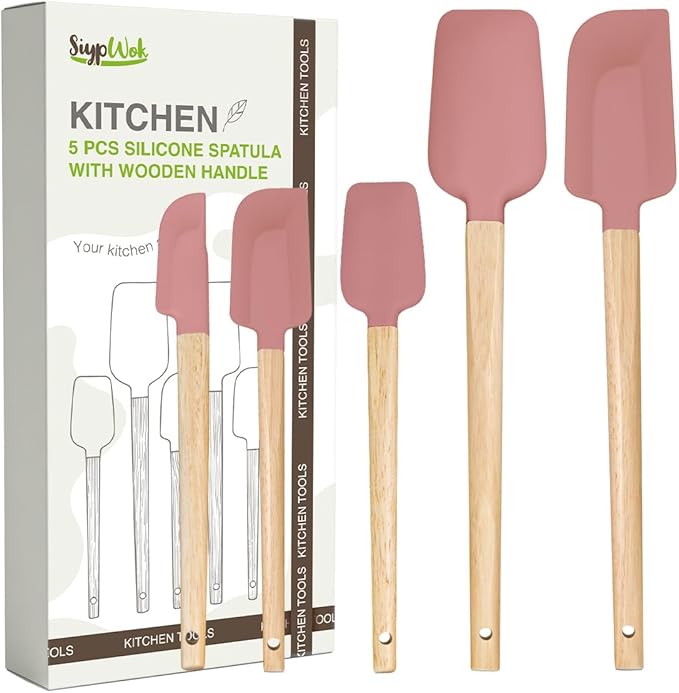 Silicone Spatula Set, Food Grade Rubber Spatula-4 Piece Nonstick Rubber Spatulas, Spoonula, Jar Scraper for Cooking, Baking, Mixing, Frosting - Heat Resistant Up to 600°F (5 Pcs Spatula Pink)