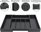 VaeFae Premium Bamboo Drawer Organizer, Expandable Silverware Drawer Organizer, Cutlery Tray with Dividers for Kitchen Utensils (Black, Large)