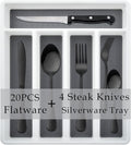 HaWare 24-Piece Silverware Set with Flatware Drawer Organizer, Stainless Steel Cutlery with 4 Steak Knives, Eating Utensils Service for 4, Mirror Polished, Dishwasher Safe-Black