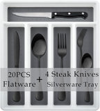 HaWare 24-Piece Silverware Set with Flatware Drawer Organizer, Stainless Steel Cutlery with 4 Steak Knives, Eating Utensils Service for 4, Mirror Polished, Dishwasher Safe-Black