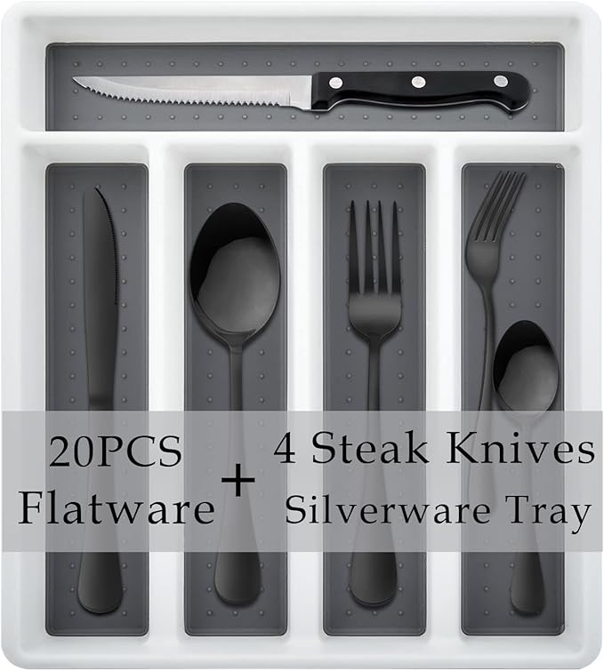 HaWare 24-Piece Silverware Set with Flatware Drawer Organizer, Stainless Steel Cutlery with 4 Steak Knives, Eating Utensils Service for 4, Mirror Polished, Dishwasher Safe-Black