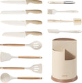 CAROTE 13Pcs Kitchen Utensils Set with 360 Rotating Knife Block, Heat Resistant Cooking Utensils with Wooden Handle, Nonstick Ceramic Surface, Cream White