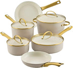 Farberware Forged Induction Ceramic Nonstick Pots and Pans Set with Cooking Tools, Dishwasher Safe, Gold Color Stainless Steel Handles, 12 Piece Cookware Set - Taupe