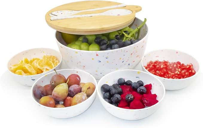 ECOWAY Melamine Salad Bowl, Bamboo Fiber Salad Bowl Large with 4 Small Serving Bowls and Bamboo Lid Cutting Board with Handle and Silicone Seal Ring Perfect for Storage Salad Foods(Spots,9.8 Inches)