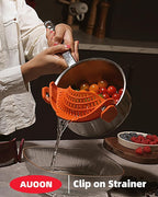 Large AUOON Clip on Strainer for All Pots and Pans - Oversized Silicone Pot Strainer Family-Style Design Pasta Strainer Kitchen Colander for Spaghetti and Noodles | Dishwasher Safe
