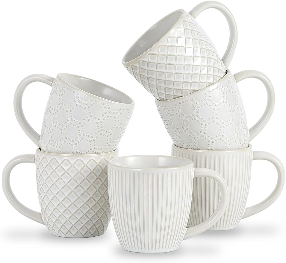 14 oz Embossed Ceramic Coffee Mugs - Set of 6, Artisan Textured Ceramic Coffee Mugs,Lead-Free Microwave & Dishwasher Safe,Coffee Cups for Wedding Housewarming Coffee Lovers