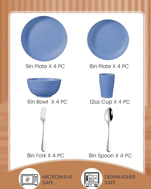 24 Piece Plates and Bowls Sets for 4- Unbreakable Wheat Straw Dinnerware Sets Includes Stainless Steel Forks for Picnic Camping Outdoor Kitchen and Apartment Dinning RV Essentials- Colorful