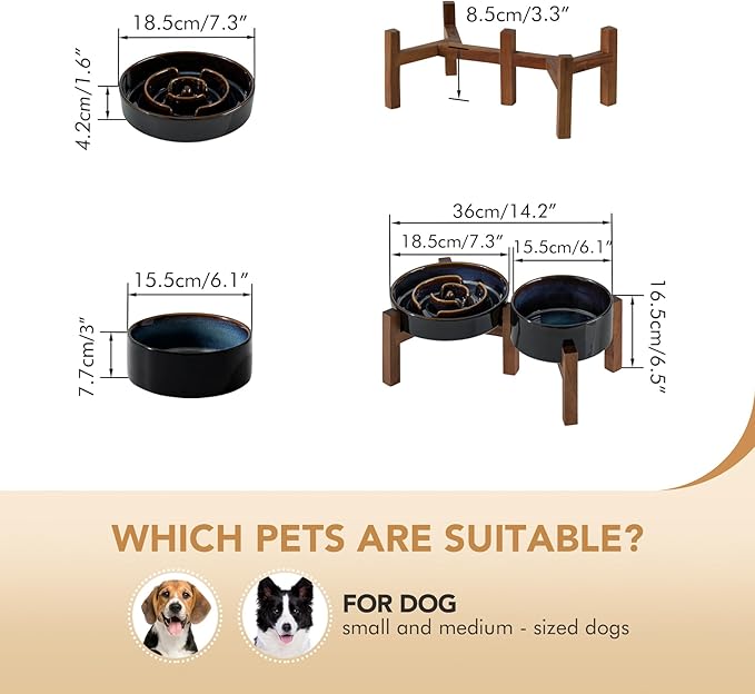 Havniva Ceramic 1.2 Cup Raised Slow Feeder Dog Bowl Set, Elevated 6.1inch Bowl and 7.3inch Dish with Acacia Wood Stand for Small and Medium Dog(2 x Starry Sky+ Stand)