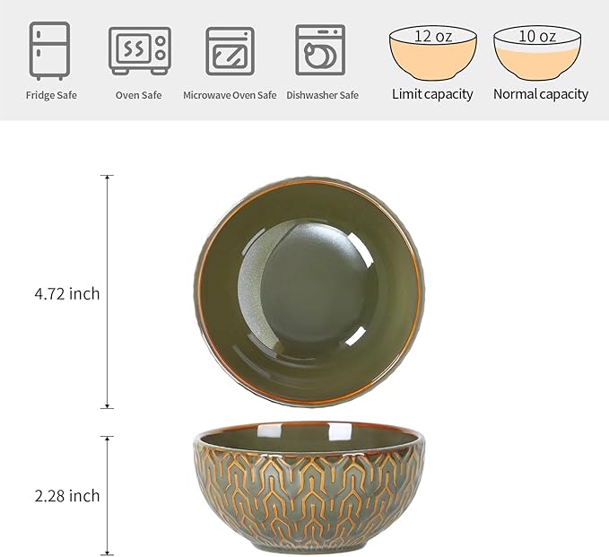 Sureasy 12oz Ceramic Ice Cream Bowls, 4.6 Inch Embossed Dessert Bowls, Small Bowls for Snack, Sauce, Fruits, Microwave and Dishwasher Safe, Set of 4, Green