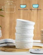 Ramekins 12 oz with Lids Oven Safe, Creme Brulee Ramekins with Covers, Ceramic Small Baking Dishes Set of 4, Souffle Dishes Bowls - Microwave and Dishwasher Safe, White Cloud